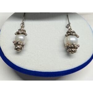 Vintage 925 Sterling Pearl Dangle Earrings Leverback Bali Style